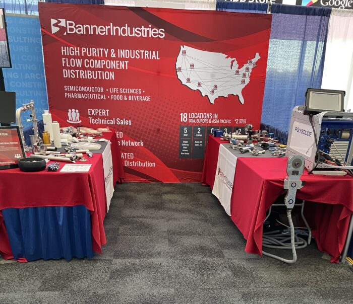 trade show booth with tables and product on display